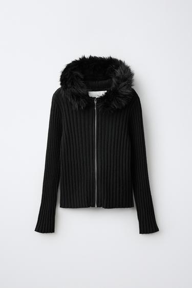 FAUX-FUR DETAIL COLLAR CARDINGAN — Black 1
