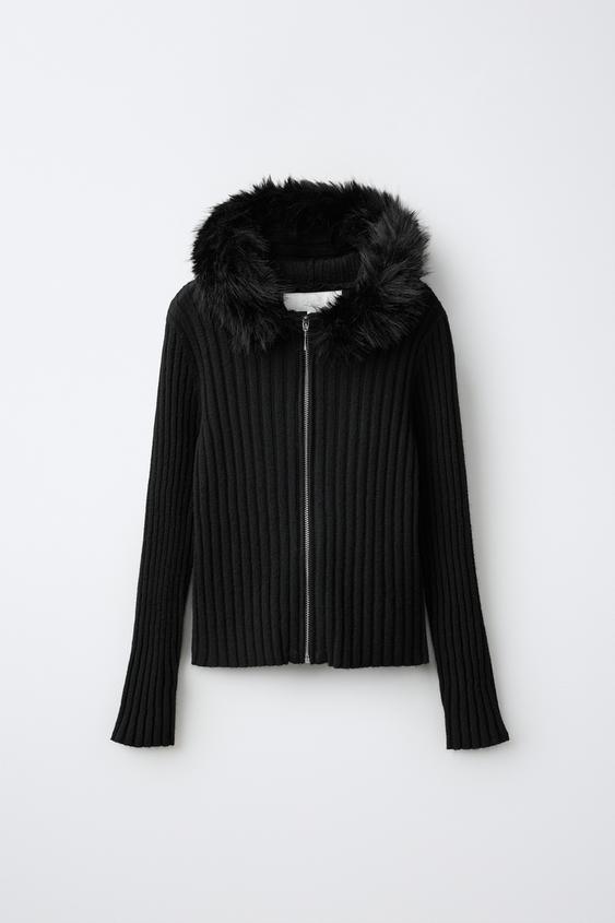 CHAQUETA PUNTO CUELLO EFECTO PELO - Negro de Zara - Imagen 0