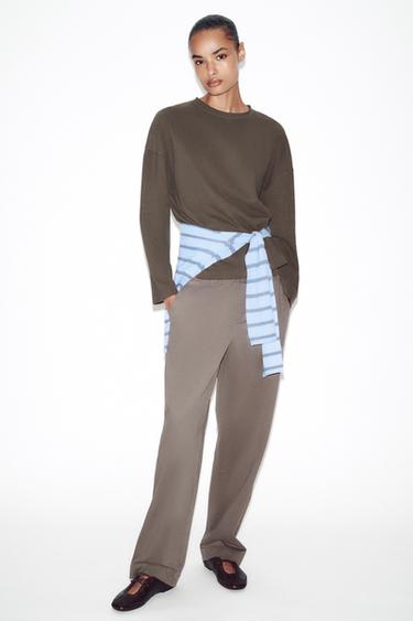 Zara 紋理長袖 T 恤 - 卡其色