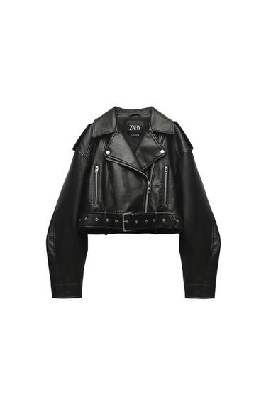 LEATHER EFFECT CROPPED BIKER JACKET