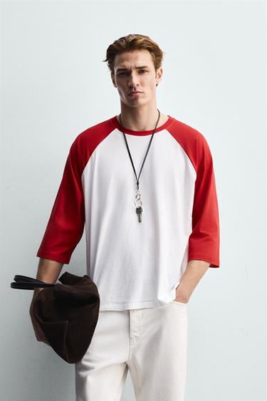 COLOUR BLOCK T-SHIRT - White / Red by Zara