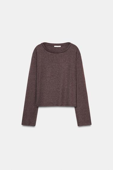 LONG SLEEVE BOAT NECK T-SHIRT - Tan marl by Zara