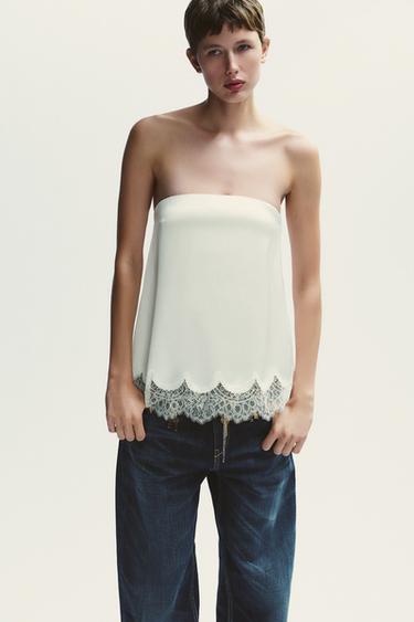 SATIN BANDEAU TOP WITH LACE - Oyster-white by Zara