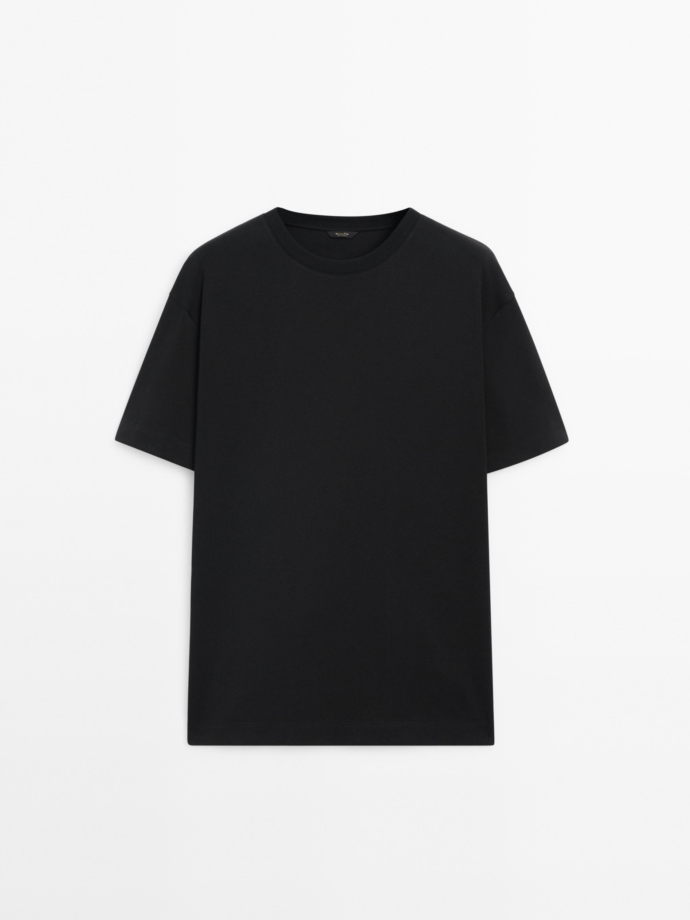 Drop-shoulder cotton T-shirt with a crew neck - Black | ZARA 