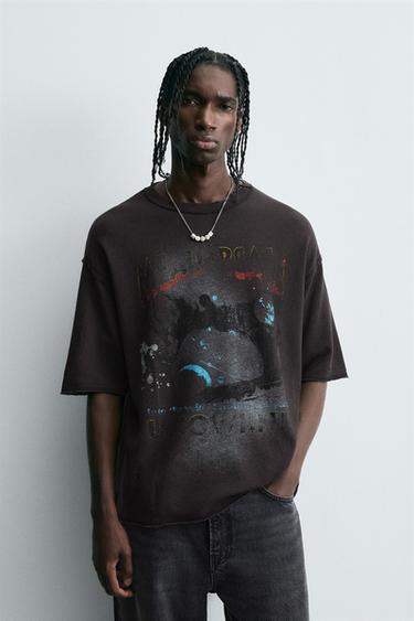T-SHIRT DE MALHA ESTAMPADA COM EFEITO LAVADO - Preto da Zara