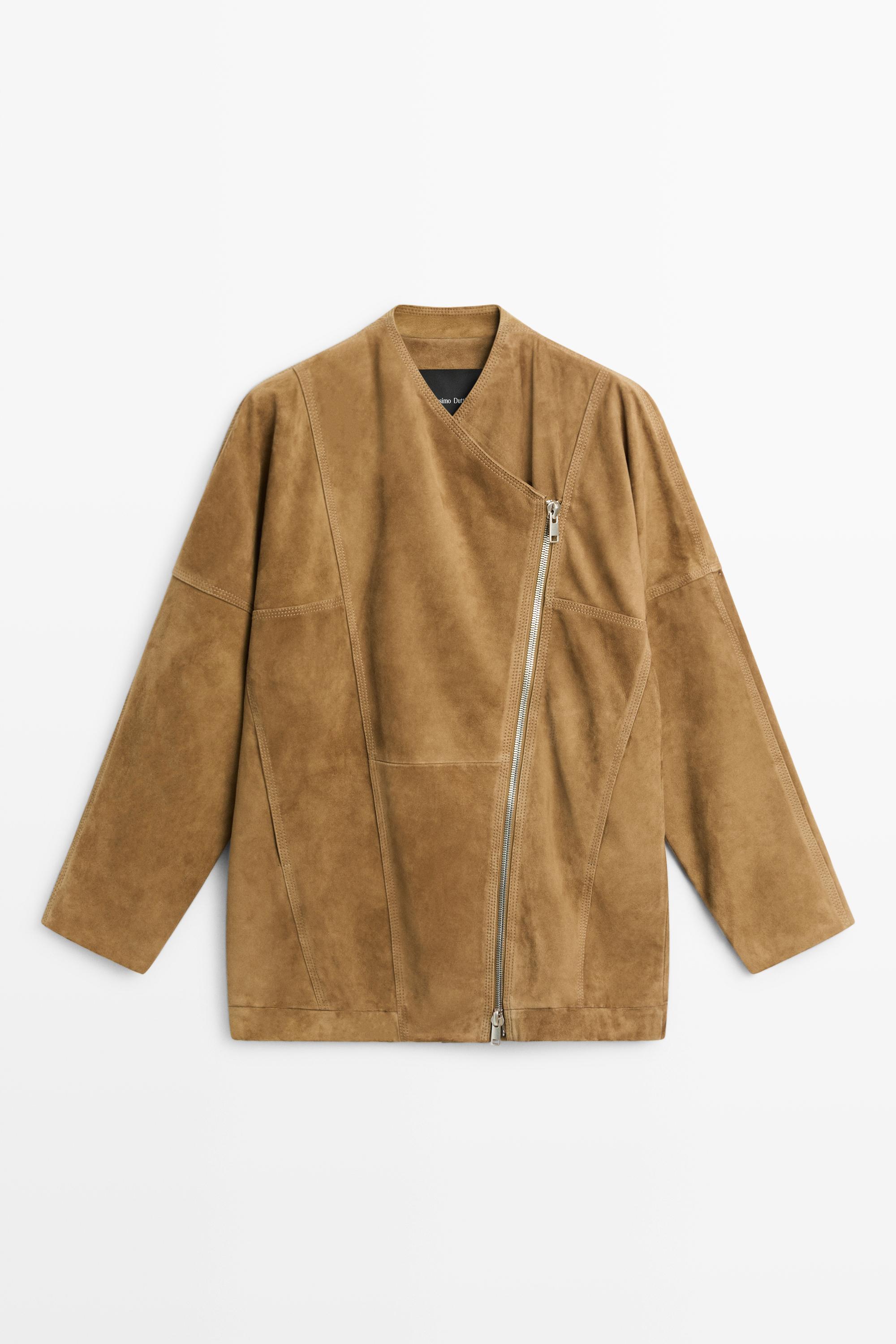 Blouson capri en cuir finition daim, fermeture asymétrique