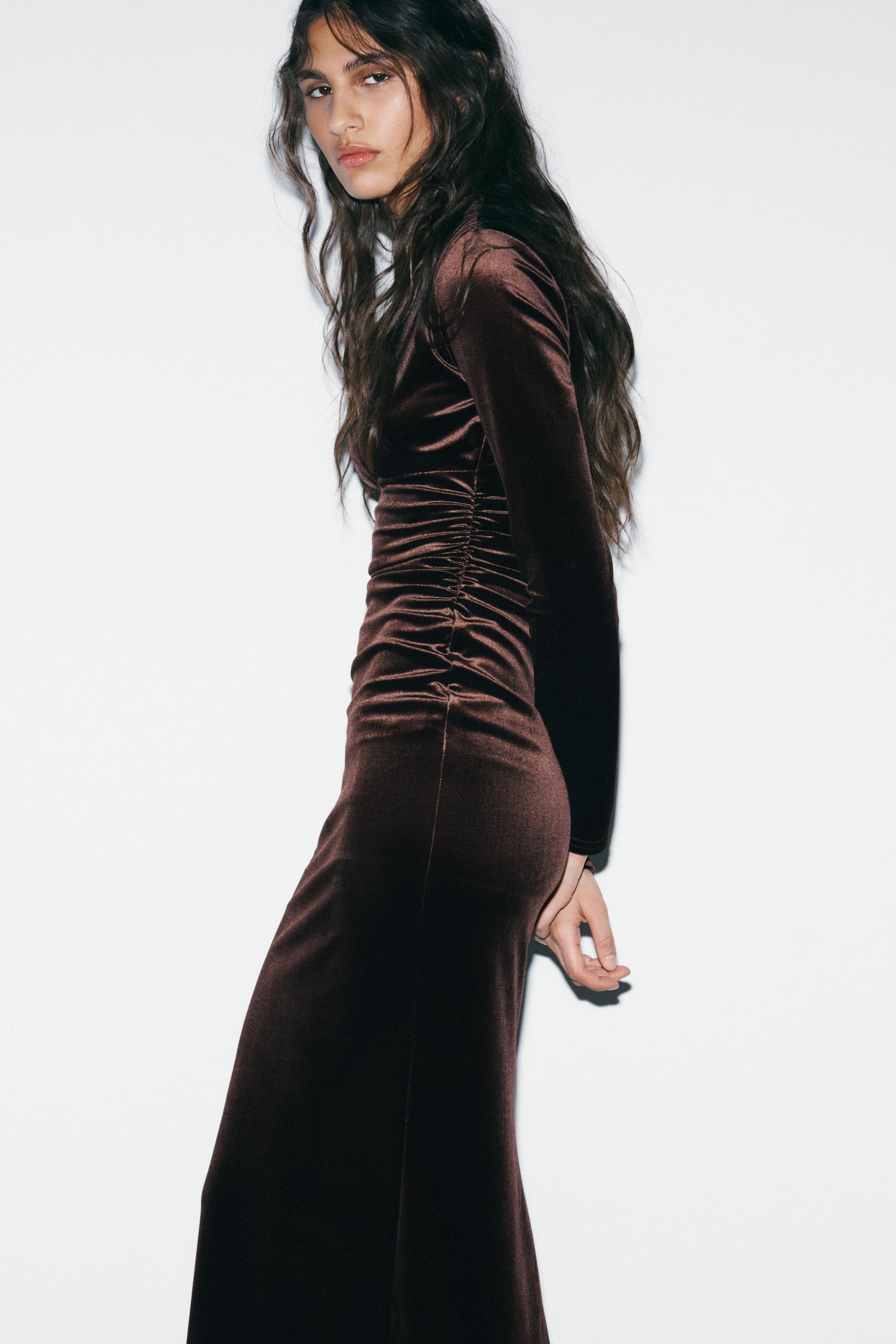 Zara - Draped Velvet Midi Dress - Dark Brown - M - Woman Zara - Draped Velvet Midi Dress - Dark Brown - M - Woman