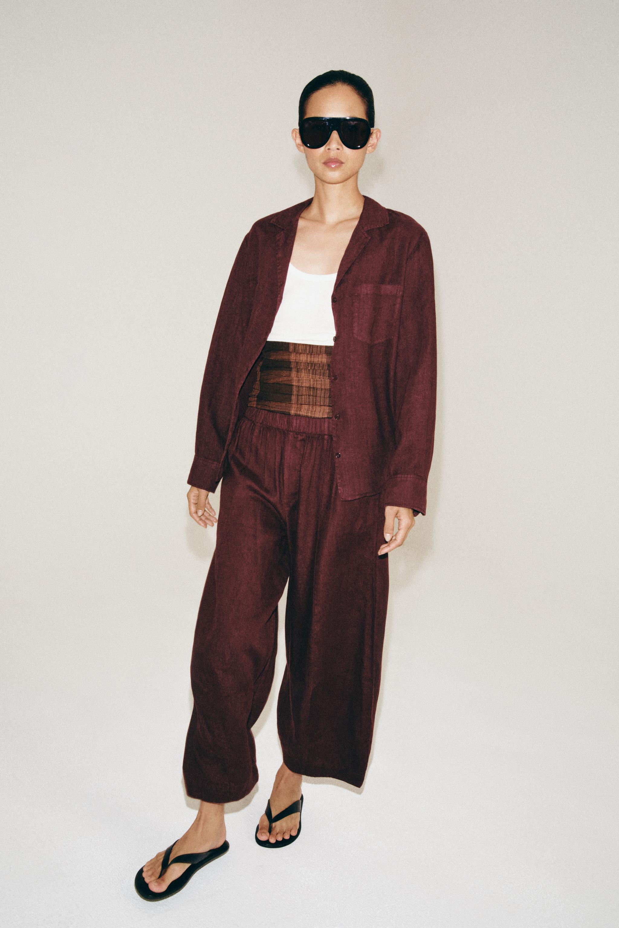 Zara %100 KETEN ZW COLLECTION BARREL PANTOLON görsel 3