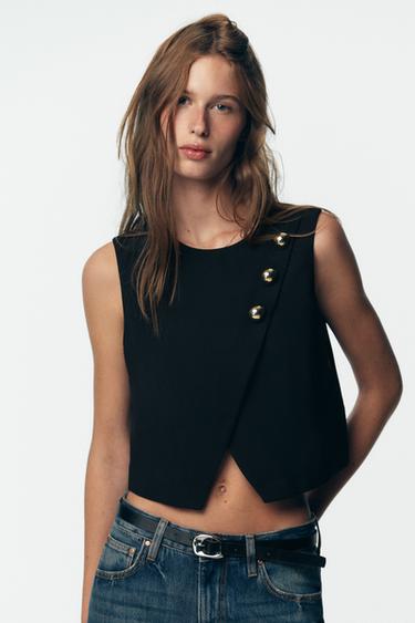GOLD BUTTON CROSSOVER TOP - Black by Zara