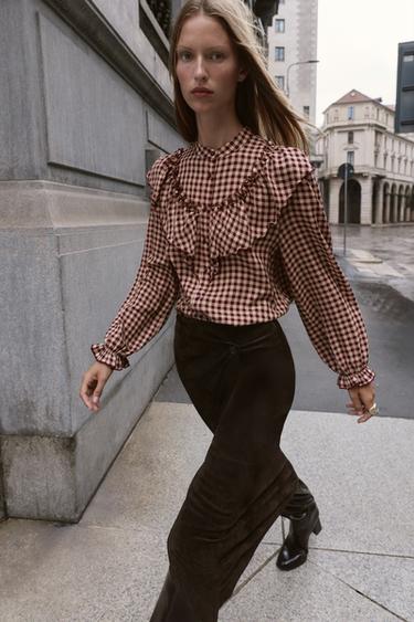 RUFFLED CHECK BLOUSE - Burgundy by Zara