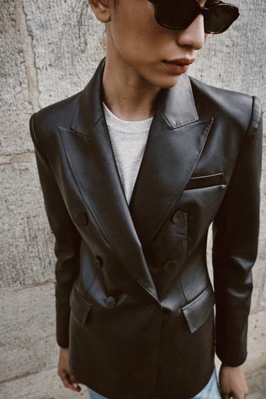LEATHER EFFECT DOUBLE-BREASTED BLAZER - Black by Zara