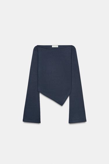 Zara ASYMMETRIC BOAT NECK T-SHIRT - Navy blue
