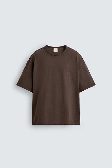 Zara EMBROIDERED FLOWER T-SHIRT - Chocolate brown