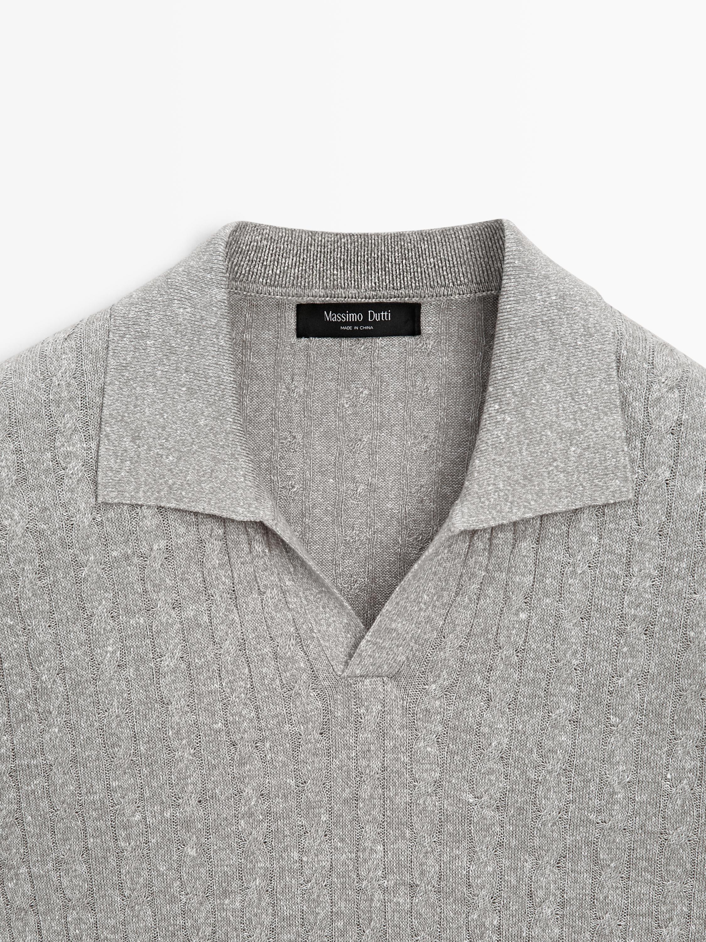 Cotton and linen cable-knit polo sweater