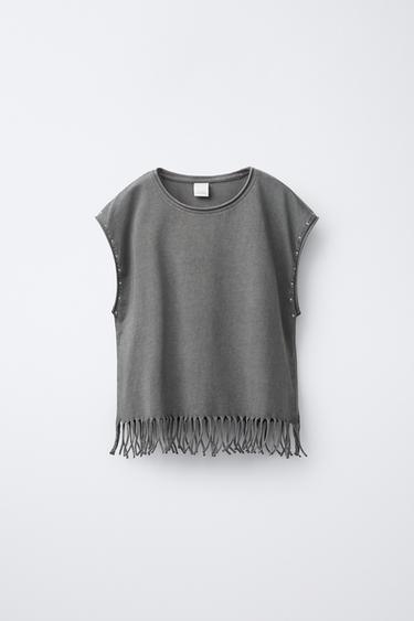 Zara FRINGE STUDDED T-SHIRT - Anthracite grey