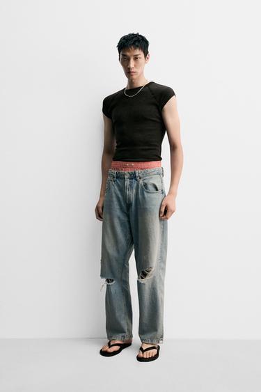 RIPPED BAGGY FIT JEANS - Light blue by Zara
