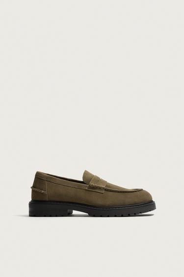 Zara LEATHER TREADED PENNY LOAFERS - Taupe Gray