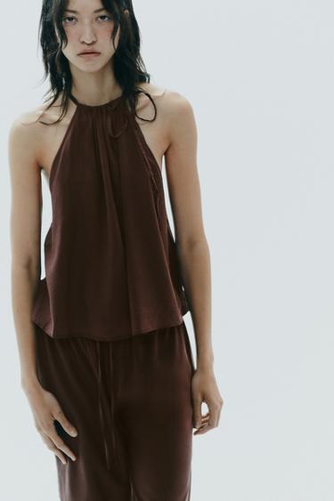 TOP HALTER FLUIDE - Marron de Zara