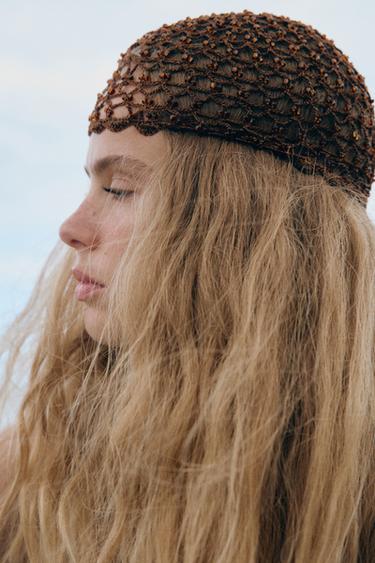 Zara CROCHET BEADED CAP - Brown