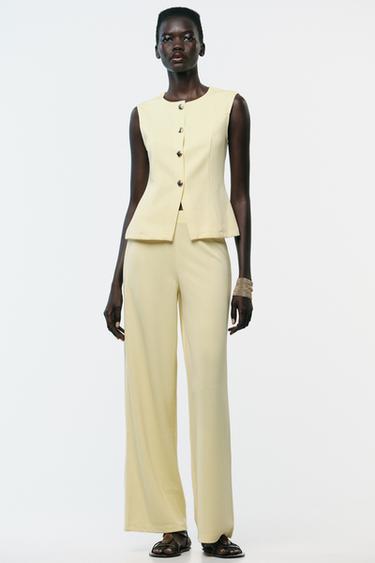 بنطلون عريض من قماش مخطط - أصفر by Zara