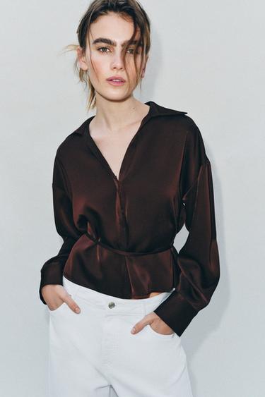 SATIN BLOUSE WITH BELT - Chocolate brown by Zara