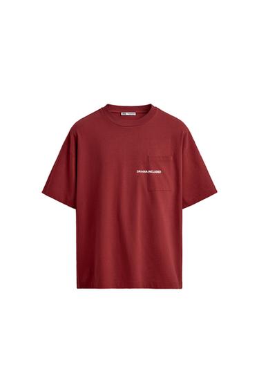 Zara PRINTED TEXT POCKET T-SHIRT - Mid-red