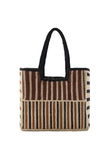 BOLSO YUTE TRENZADO RAYAS - Tostado de Zara