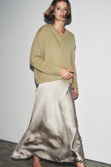 100% WOOL V-NECK JUMPER - Olive Green by Zara