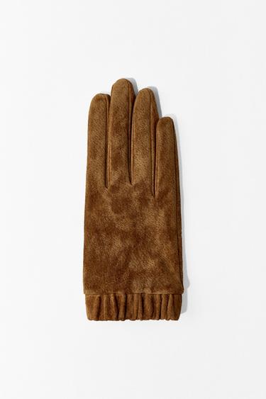 Zara 100% RUCHED SUEDE GLOVES - taupe brown
