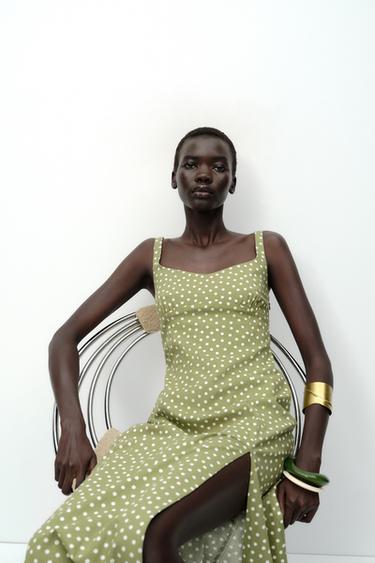 POLKA DOT LINEN BLEND MIDI DRESS - ecru/khaki by Zara - Image 6