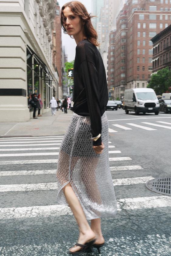 JUPE MIDI SEQUINS ZW COLLECTION - Gris moyen de Zara - Image 0