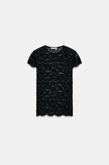 SHORT SLEEVE LACE T-SHIRT - Black by Zara