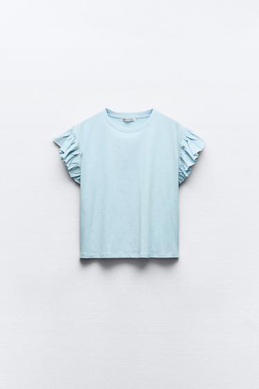 Zara RUFFLED COTTON TOP - Light blue