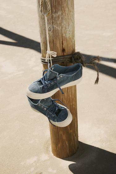 Zara DISTRESSED FABRIC SNEAKERS - Blue