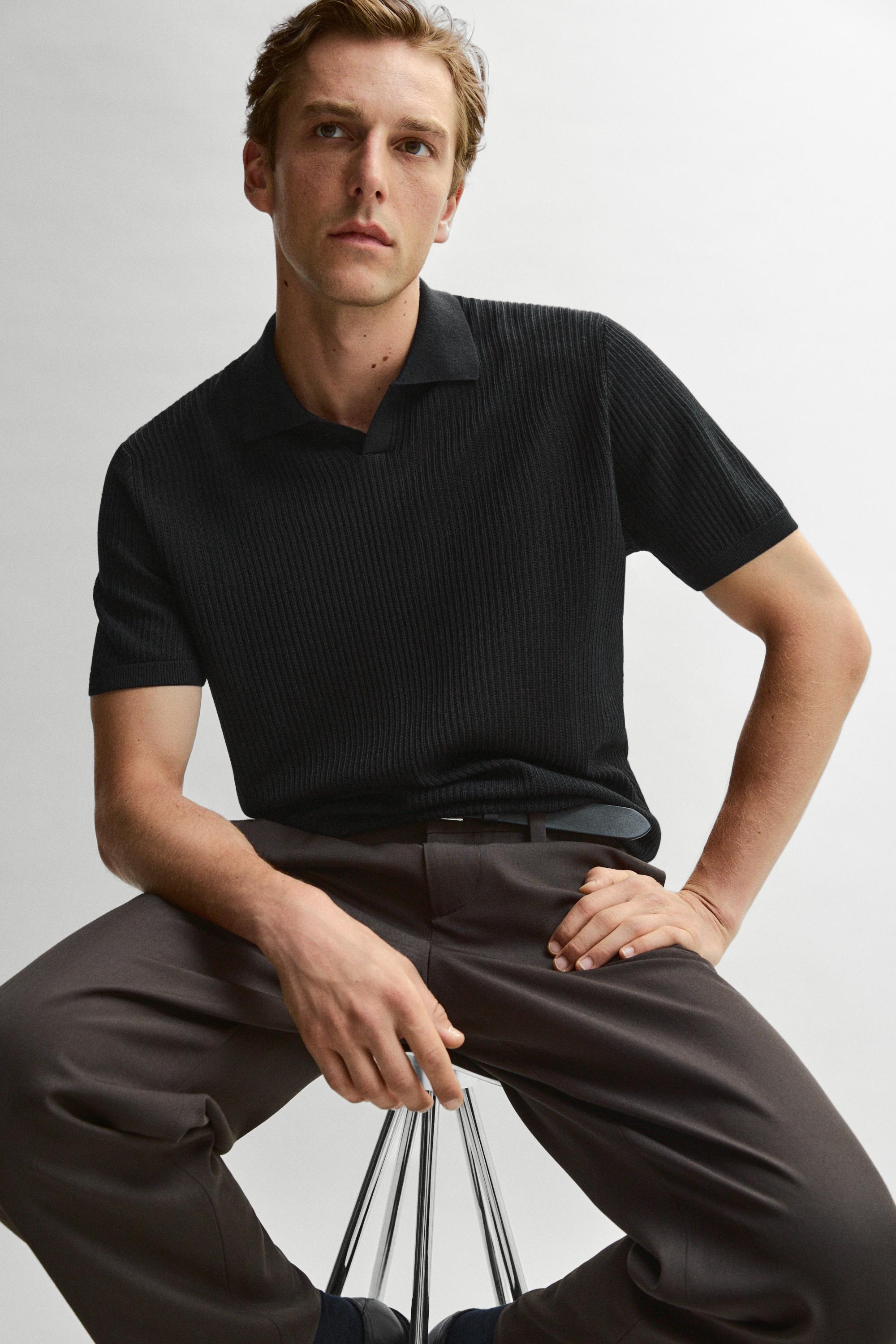 Wool blend short sleeve knit polo — Black