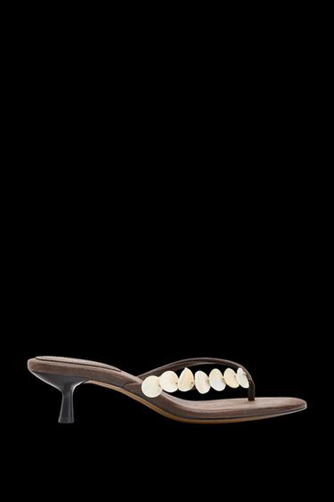 Zara BEADED KITTEN HEEL SANDALS - Brown - Image 0