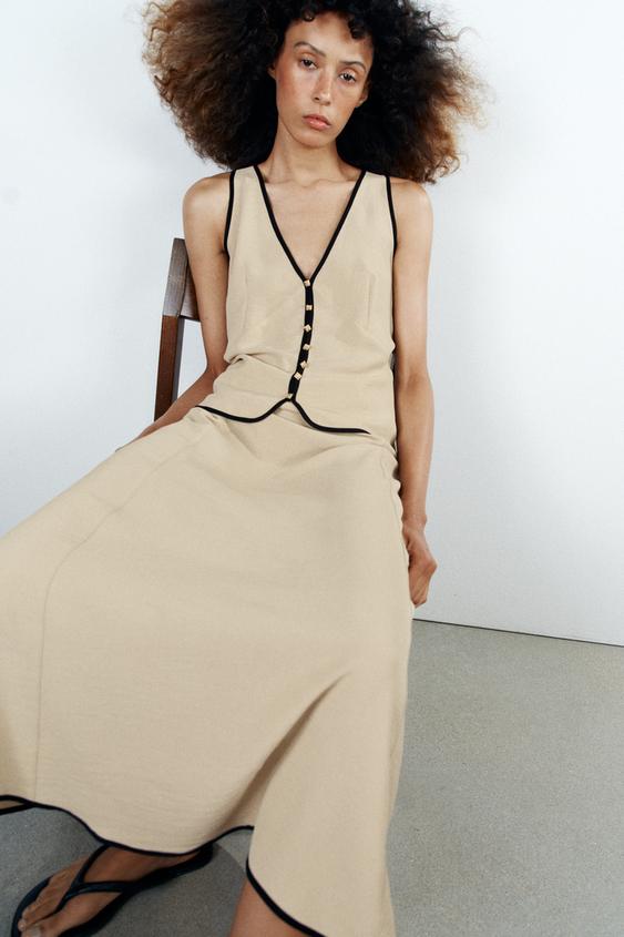 beige dress zara - Midi Haljina S Kontrastnim Porubom - S Model height