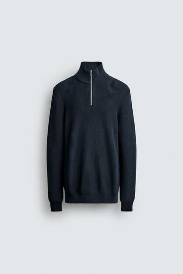 Zaras PÄRLSTICKAD TRÖJA MED DRAGKEDJA - Marinblå