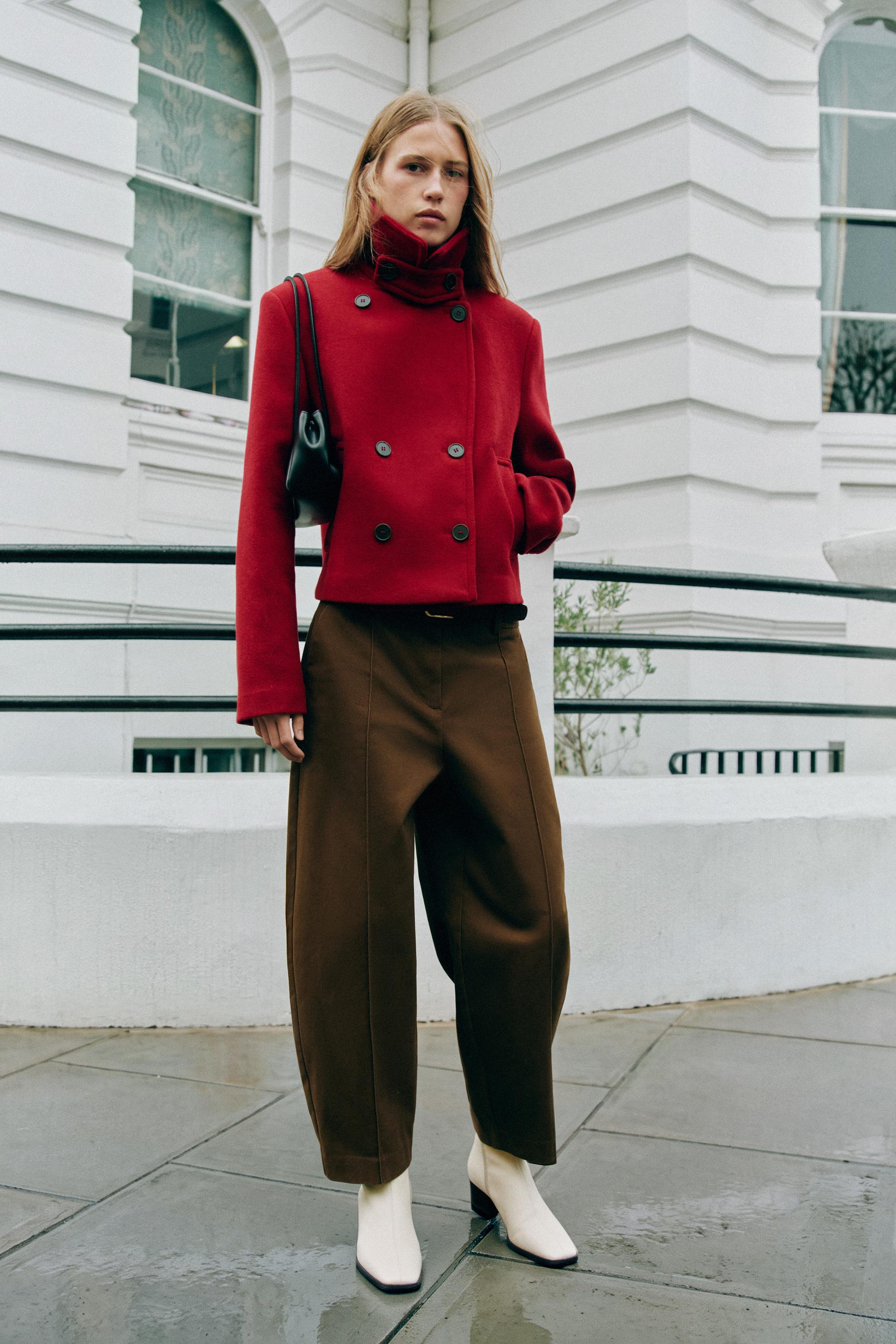 DOUBLE-BREASTED STAND-UP COLLAR JACKET - Red - XS