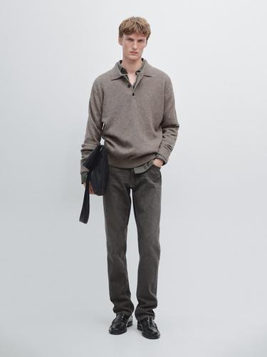 Zara Wool blend knit polo sweater - Dark khaki - Image 0