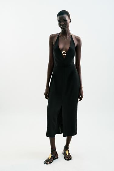 ROBE MI-LONGUE DÉCOR DORÉ - Noir de Zara