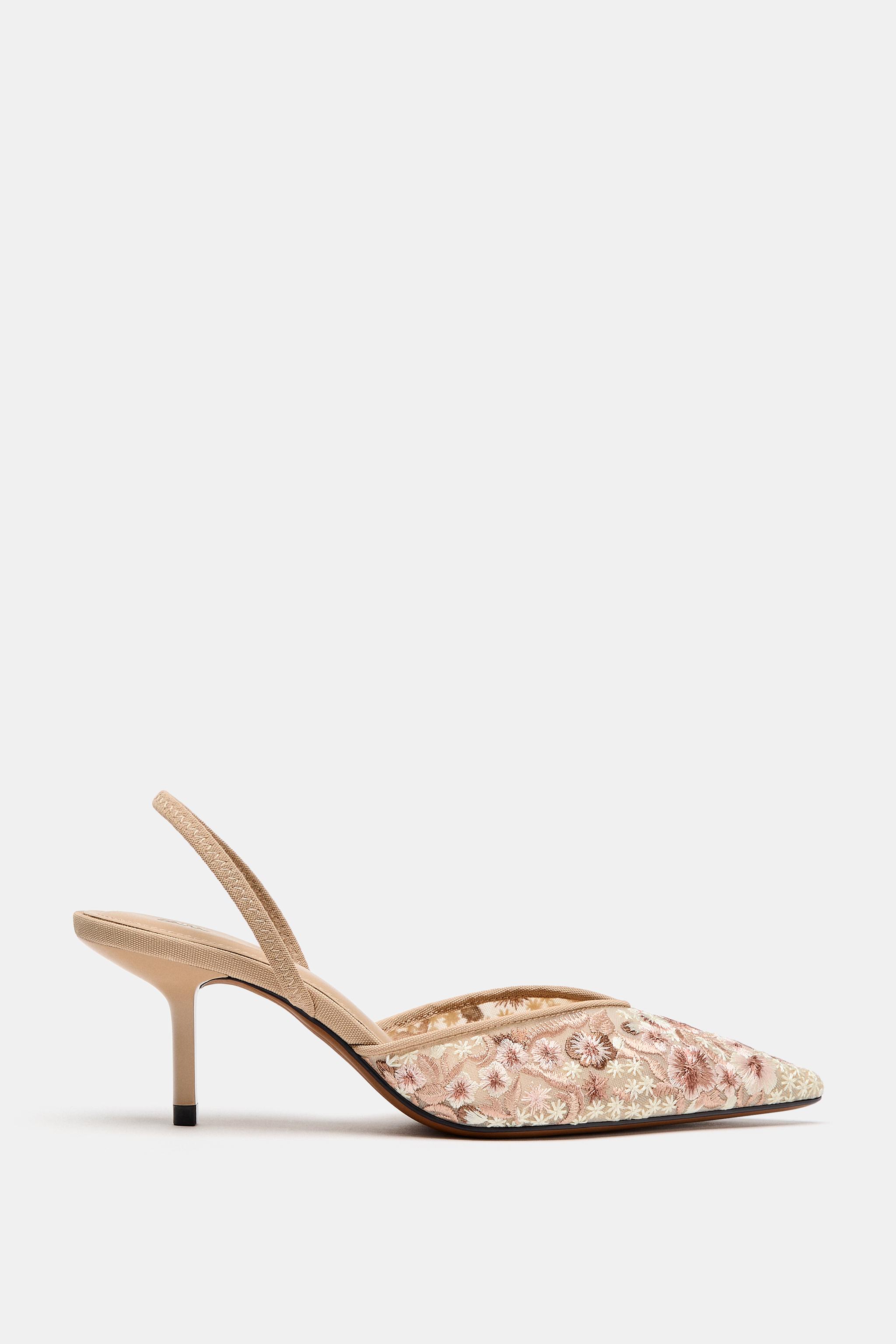 EMBROIDERED MESH HEELS — Beige