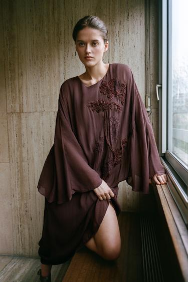 100% VISCOSE DRESS WITH EMBROIDERY AND BEADS - Brown by Zara