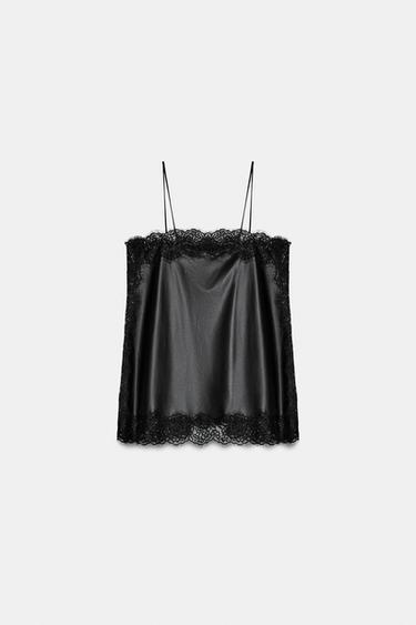 ZW COLLECTION FAUX LEATHER LACE TOP - Black by Zara - Image 0