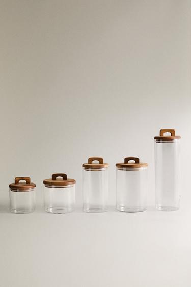 Zara 硼矽玻璃和木製儲物罐子 - 淺米色