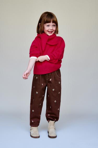 Zara EMBROIDERED FLORAL TWILL BALLOON PANTS - Maroon