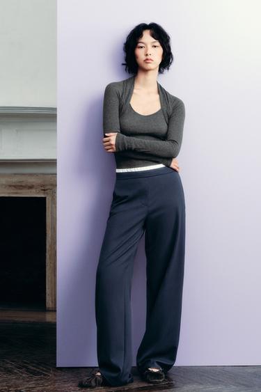 Zara 雙腰頭直筒長褲 - 海藍色