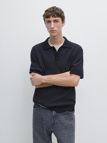 Zara Short sleeve textured knit polo shirt - Faded navy