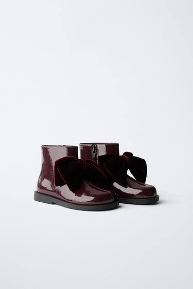 Zara PATENT FINISH BOW ANKLE BOOTS - Burgundy Red