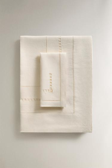 HEMSTITCHED INSERT LINEN TABLECLOTH - Ecru by Zara